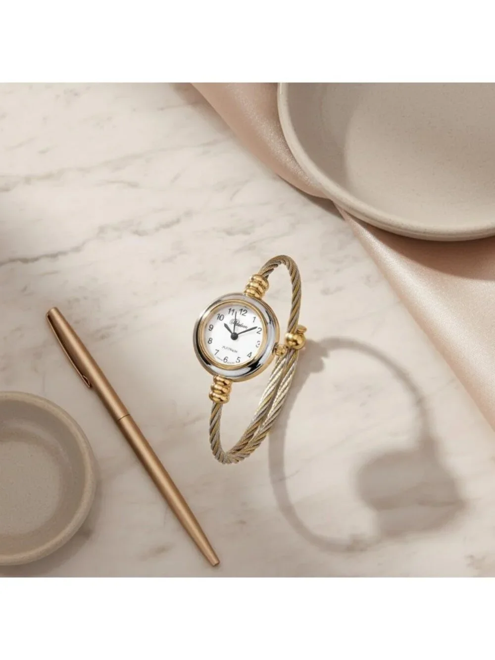 Women's Silver And Gold Analog Elegant Cable Cuff Arabic Numbers Bracelet Watch